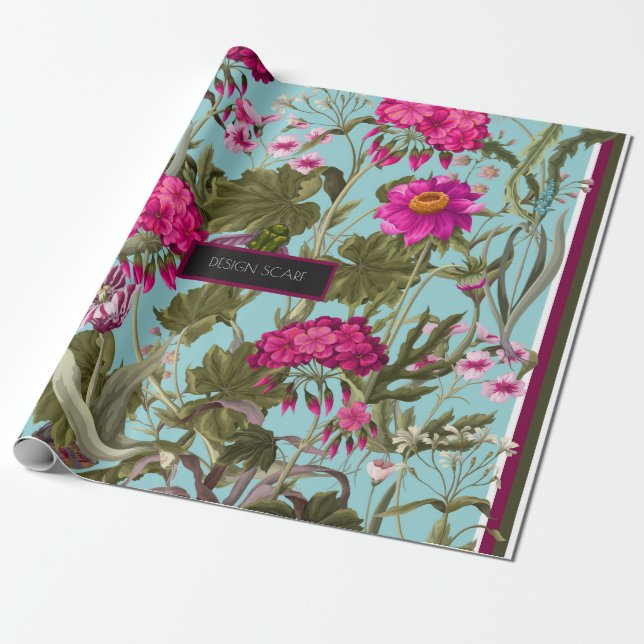 Papier Cadeau Foulard design avec géraniums et fleurs sauvages.  (Déroulé)
