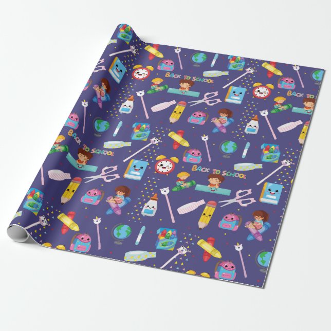 Papier Cadeau Fournitures scolaires amusantes Retour au Motif sc (Déroulé)