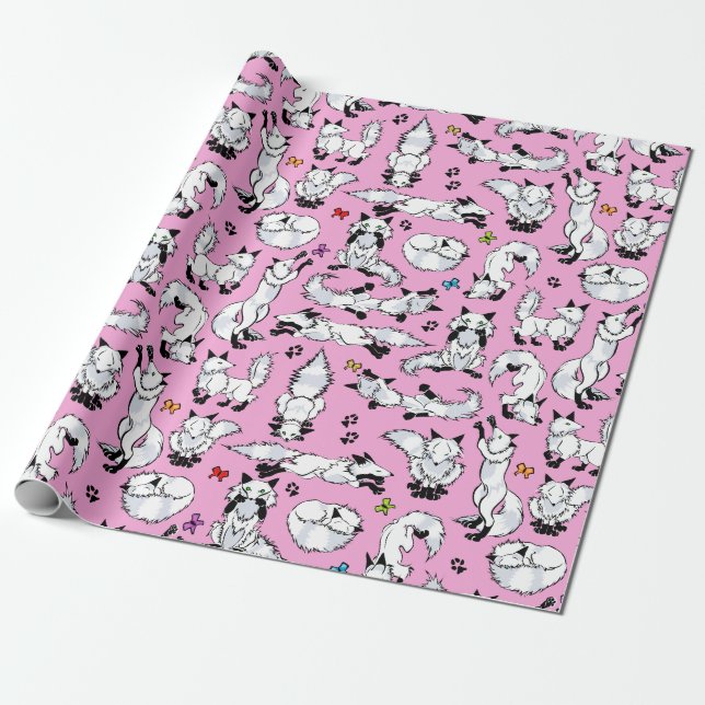 Papier Cadeau Fox arctique sur le papier d'emballage rose (Déroulé)