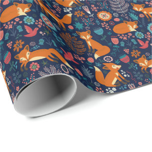 Papier Cadeau Foxes mignons Oiseaux et fleurs Motif