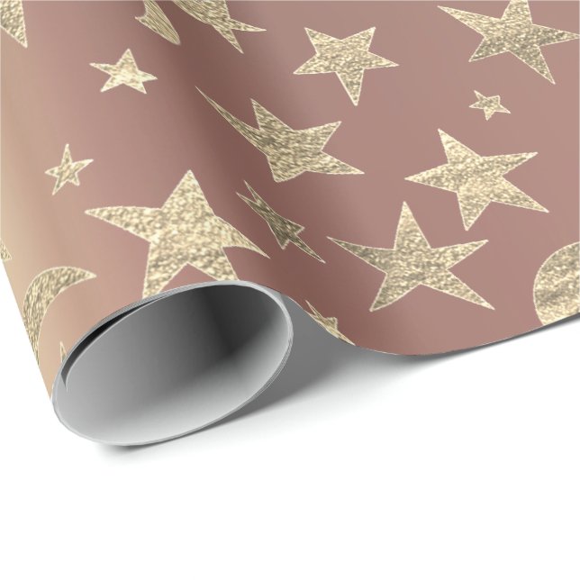 Papier Cadeau Foxier Stars Lune Gold Sky Rose Rose Blush Metal (Coin rond)