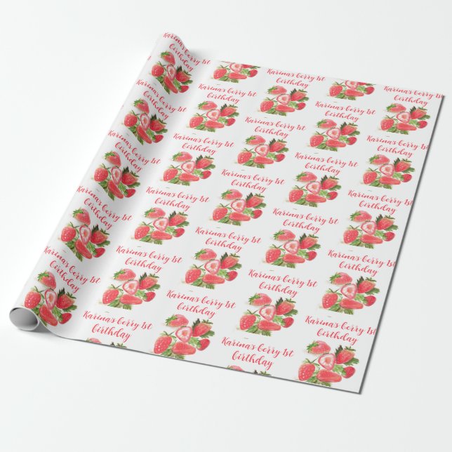 Papier Cadeau Fraise Berry Sweet 1ère fête d'anniversaire Cute (Déroulé)