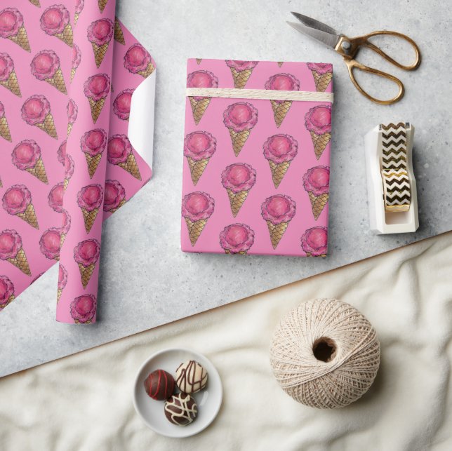 Papier Cadeau Fraise rose crème glacée gaufre cône Scoop (Artisanat)