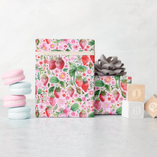Papier Cadeau Fraises aquarelle et fleurs roses