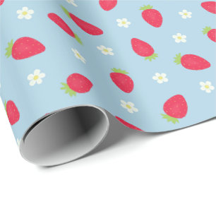 Papier Cadeau Fraises d'été sur fond bleu (grande échelle)