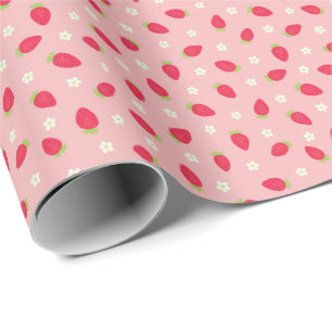 Papier Cadeau Fraises d'été sur fond rose (petite échelle)
