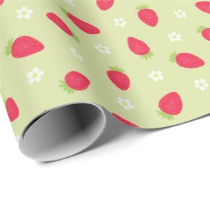 Papier Cadeau Fraises d'été sur fond vert (grande échelle)