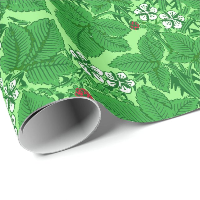 Papier Cadeau Fraises et Feuilles Art Nouveau, Lime Green (Coin rond)