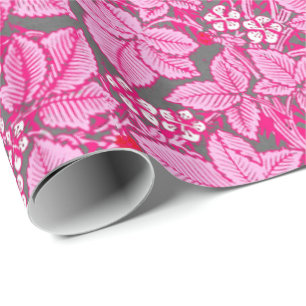 Papier Cadeau Fraises et Feuilles Art Nouveau, rose et gris