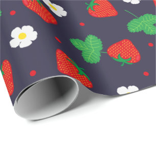 Papier Cadeau Fraises et fleurs sur bleu marine