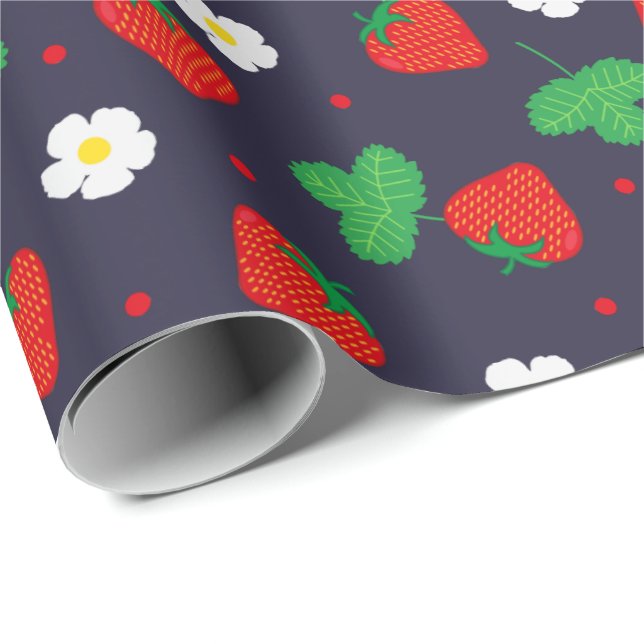 Papier Cadeau Fraises et fleurs sur bleu marine (Coin rond)