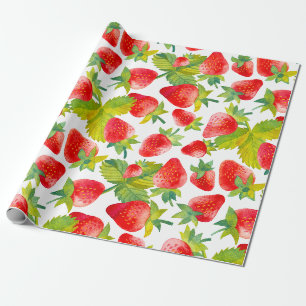 Papier Cadeau Fraises rouges aquarelle colorée 