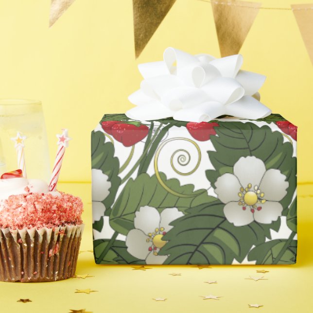 Papier Cadeau Fraises rouges et découpage de Feuilles verts (Fête d'anniversaire)