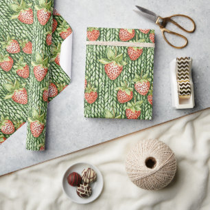 Papier Cadeau Fraises Vertes Rouges Fruit Anniversaire