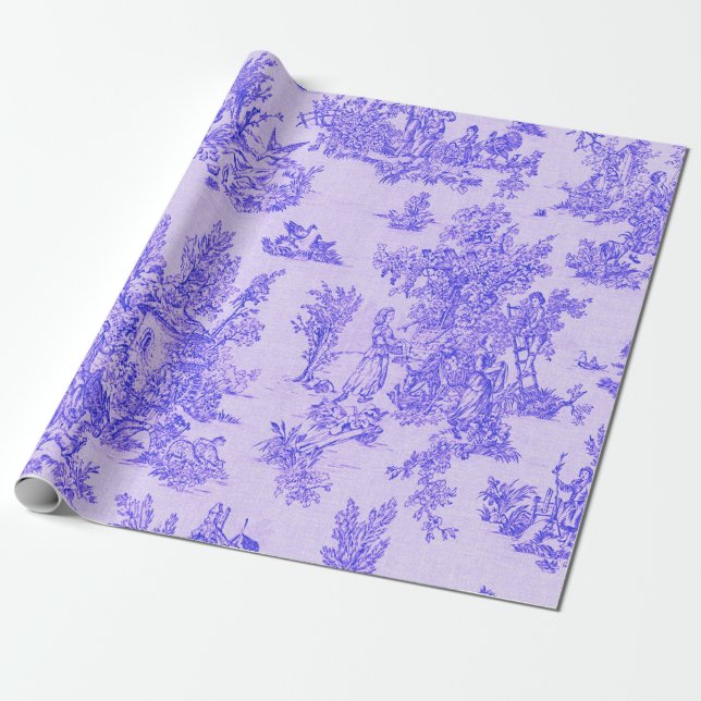 Papier Cadeau Française toile de jouy Découpage bleu et blanc (Déroulé)