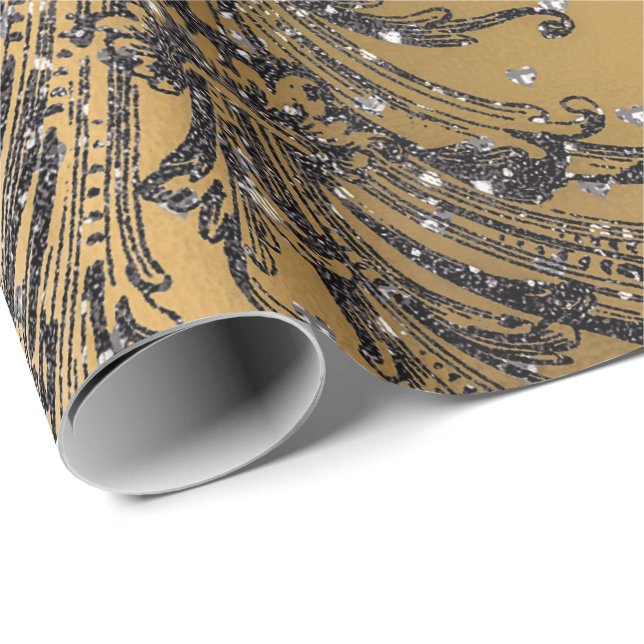 Papier Cadeau French Black Lace Royal Floral Hearts Damask Gold (Coin rond)