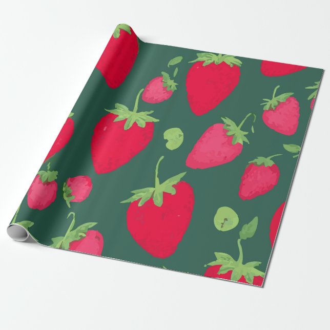 Papier Cadeau Fresh Strawberry Pattern on Dark Green Background (Déroulé)