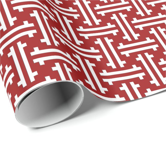 Papier Cadeau Fret chinois Art déco, rouge foncé et blanc (Coin rond)