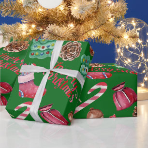Papier Cadeau Friandises et décorations de Noël vertes