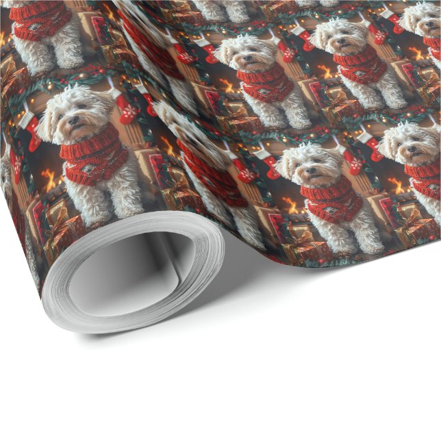 Papier Cadeau Frise de Bichon Chien avec les cadeaux de Noël che (Coin rond)