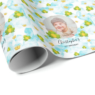 Papier Cadeau Frog Prince anniversaire bleu aquarelle nuage phot