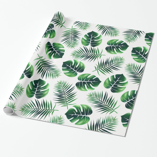Papier Cadeau Frondes de paume d'île et feuille tropicales (Déroulé)