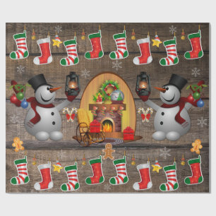 Papier Cadeau Frosty Le Snowman Noël cheminée Bas