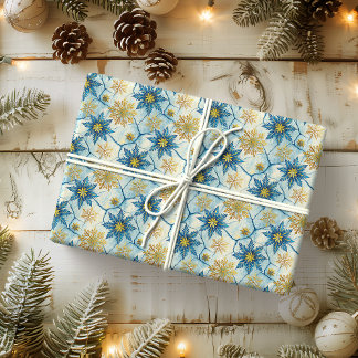 Papier Cadeau Frozen Elegance Blue and Gold Snowflake