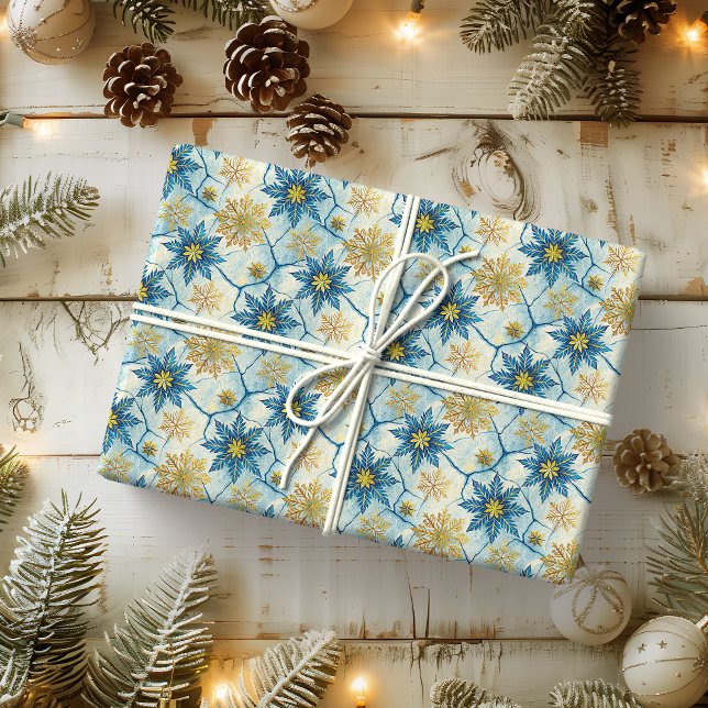 Papier Cadeau Frozen Elegance Blue and Gold Snowflake (Créateur téléchargé)