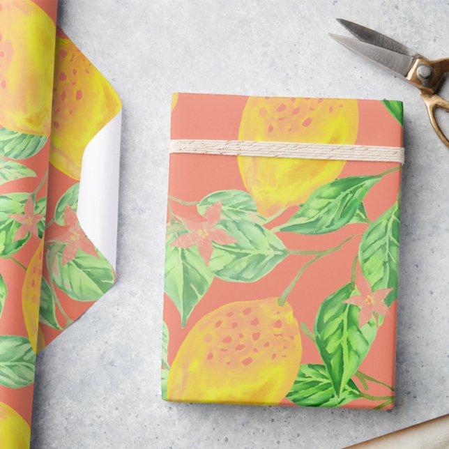 Papier Cadeau Fruit citron motif jaune et pêche rose (Créateur téléchargé)