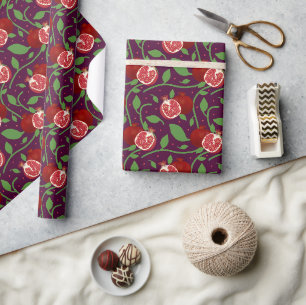 Papier Cadeau Fruit de grenade et botanique sur prune violet