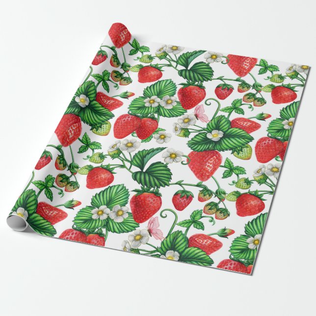 Papier Cadeau Fruit fraise et floraison fraise Vibrant (Déroulé)