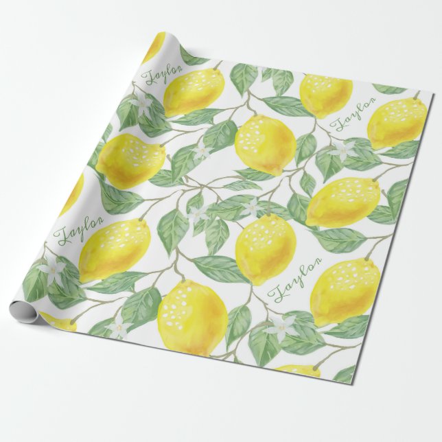 Papier Cadeau Fruits de citron Vintages personnalisés, fleurs Fe (Déroulé)