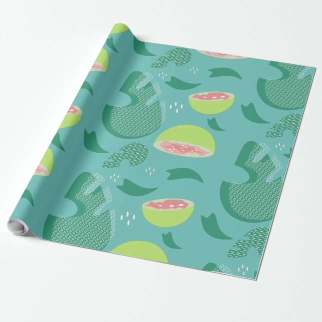 Papier Cadeau Fruits de goyave tropicaux et verdure Turquoise ro (Déroulé)