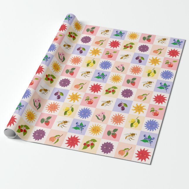 Papier Cadeau Fruits d'été gais et Motif de grille des abeilles  (Déroulé)