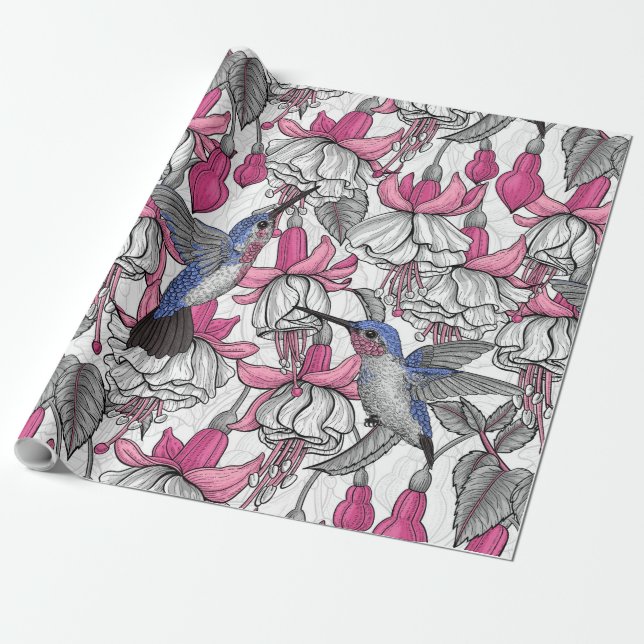 Papier Cadeau Fuchsia et colibris blancs (Déroulé)