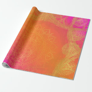 Papier Cadeau Fuchsia Rose Orange & Or Fête Indienne Mandala