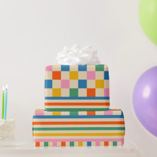 Papier Cadeau Fun Check Colorful Checker Stripe Retro 80s 90s
