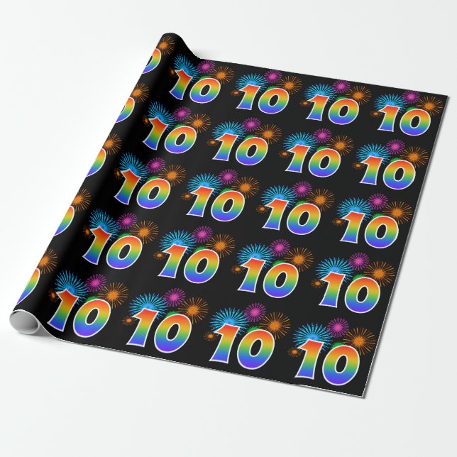Papier Cadeau Fun Fireworks + Rainbow Motif "10" Numéro d'événem (Déroulé)