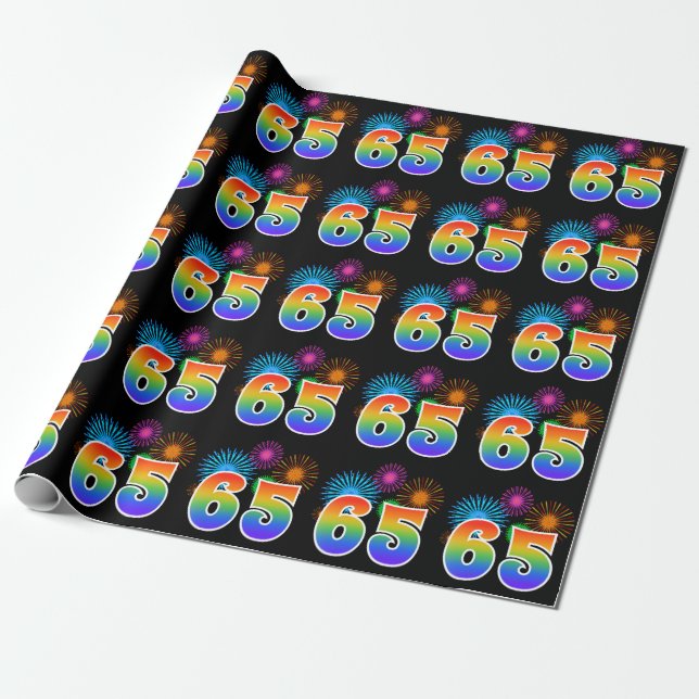 Papier Cadeau Fun Fireworks + Rainbow Motif "65" Numéro d'événem (Déroulé)