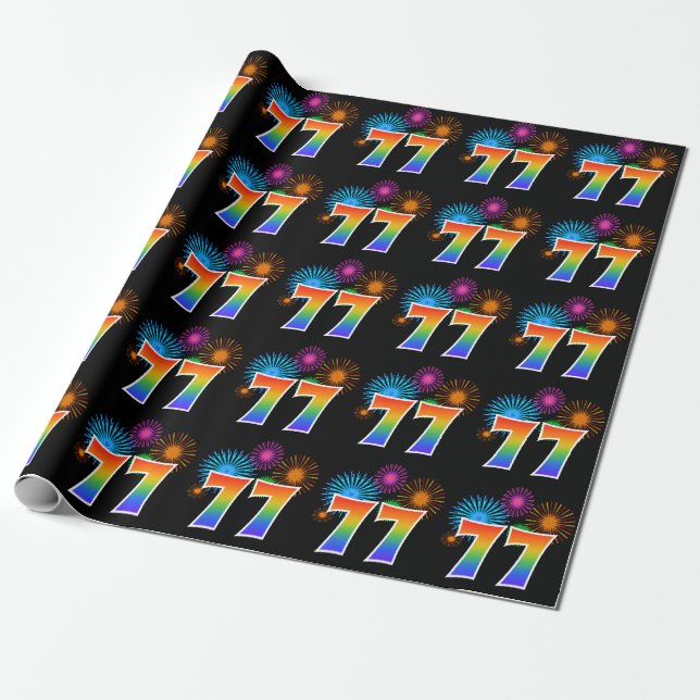 Papier Cadeau Fun Fireworks + Rainbow Motif "77" Numéro de l'évé (Déroulé)