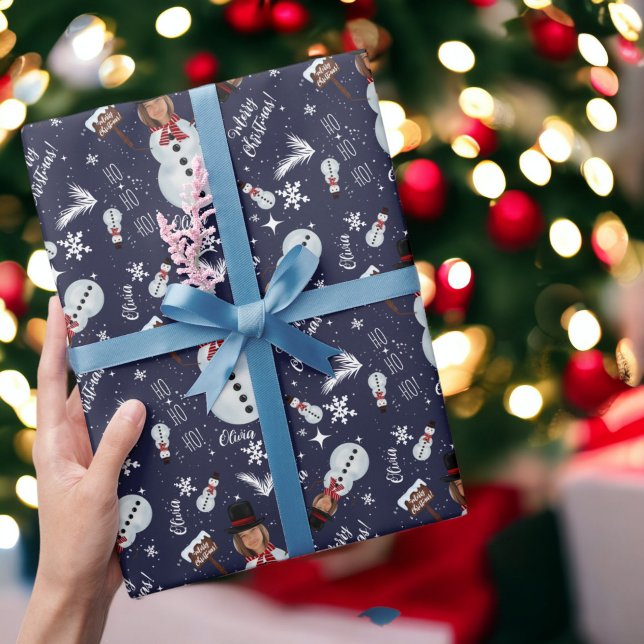 Papier Cadeau Fun joyeux Noël illustration photo bonhomme de nei (Fun merry Christmas illustration photo snowman Wrapping Paper on navy blue)