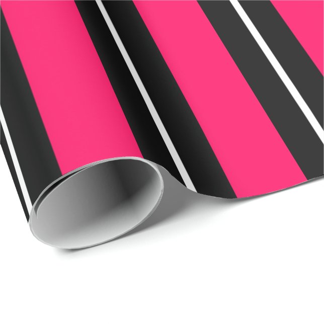 Papier Cadeau Fun & Modern Hot Pink, Black & White Stripes (Coin rond)