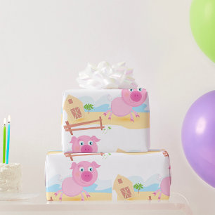 Papier Cadeau Fun Pig sur ferme avec grange et clôture