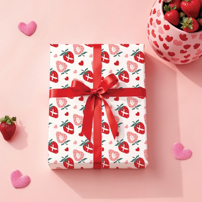 Papier Cadeau Fun Pink Strawberry XOX Valentine's Day Motif (Fun Pink Strawberry XOX Valentine's Day Pattern Wrapping Paper)