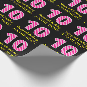 Papier Cadeau Fun Pink Stripes "10"; Joyeux 10e anniversaire; No
