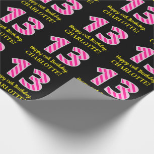 Papier Cadeau Fun Pink Stripes "13"; Joyeux 13e anniversaire; No