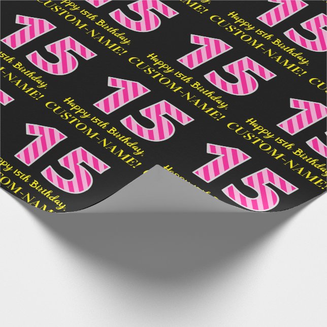 Papier Cadeau Fun Pink Stripes "15"; Joyeux 15e anniversaire; No (Coin)