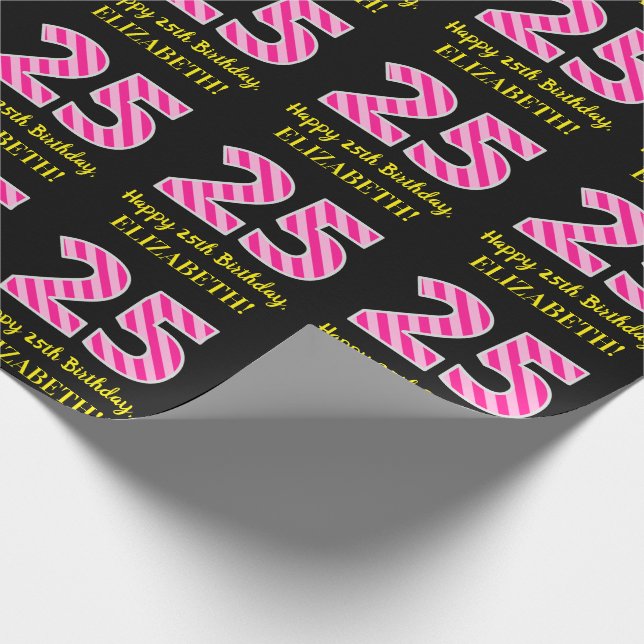 Papier Cadeau Fun Pink Stripes "25"; Joyeux 25e anniversaire; No (Coin)