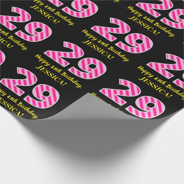 Papier Cadeau Fun Pink Stripes "29"; Joyeux 29e anniversaire; No (Coin)